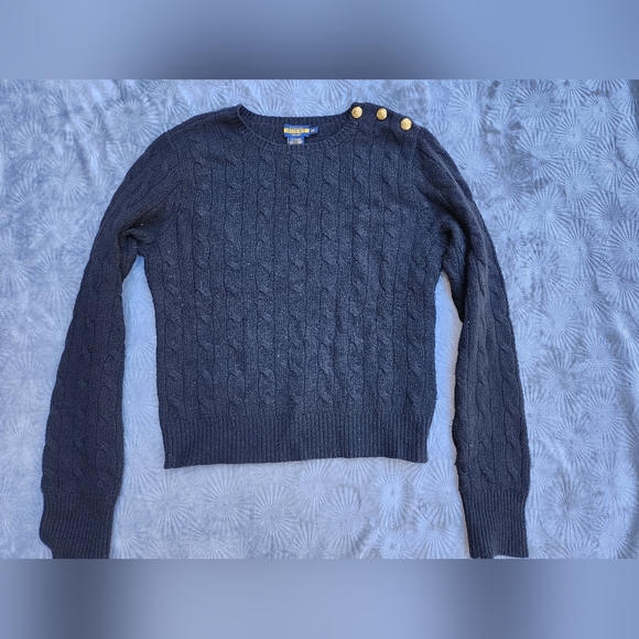 Ralph Lauren Rugby Wool Cashmere Cable Knit Sweater Women M Crop Shoulder Button - Picture 3 of 8